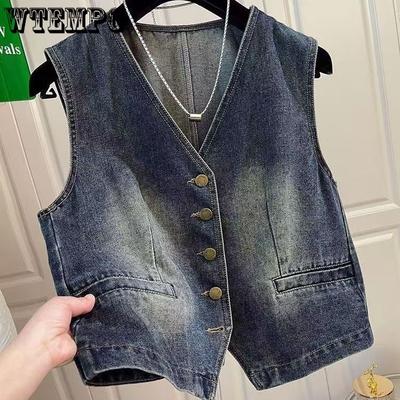 Hong Kong Style Retro Women's Denim Vest Spring and Autumn V-neck Sleeveless Vest Cardigan
