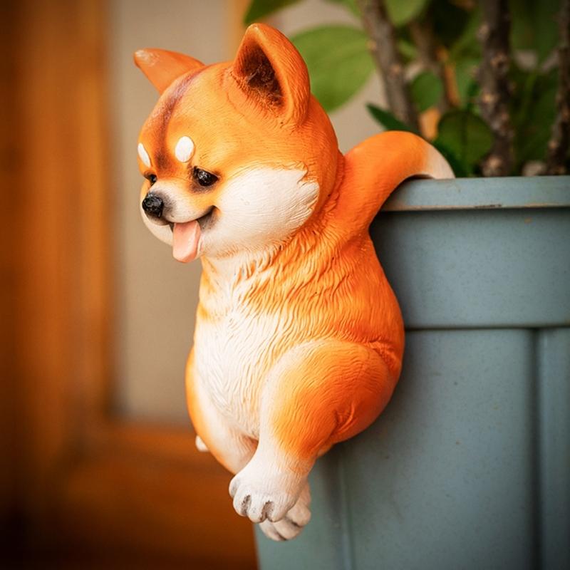 Mini Dog Statue Miniature Dogs Figurine Plant Pot Hanger,Climbings Dog Sculpture Garden Decors for Bonsais Ornament