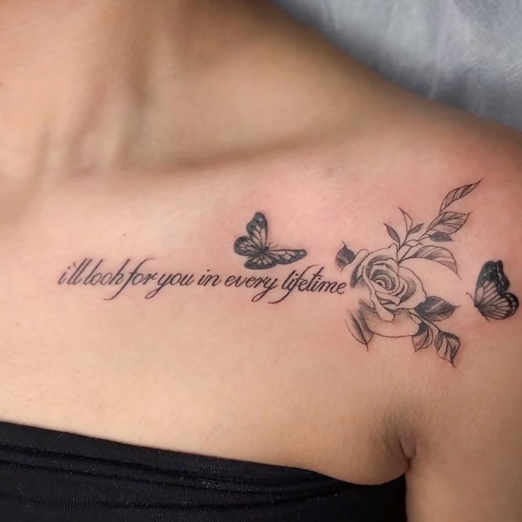 Rose Butterfly English Herbal Tattoo Sticker Clavicle Arm Scar Lasting Dark Semi-Permanent Spice Girl Waterproof Simulation