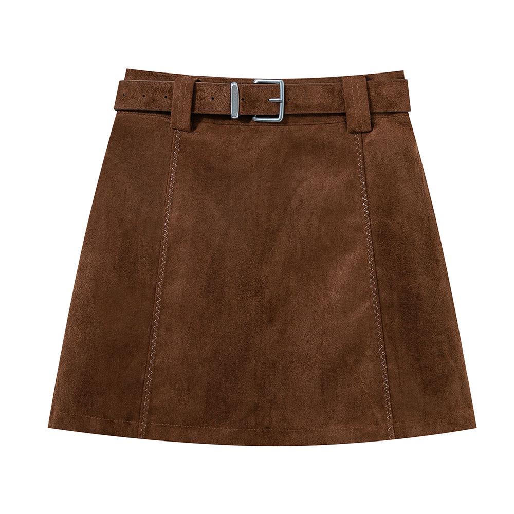 Plus-Size Women’s Merade Brown Suede High-Waisted A-line Skirt with Belt L