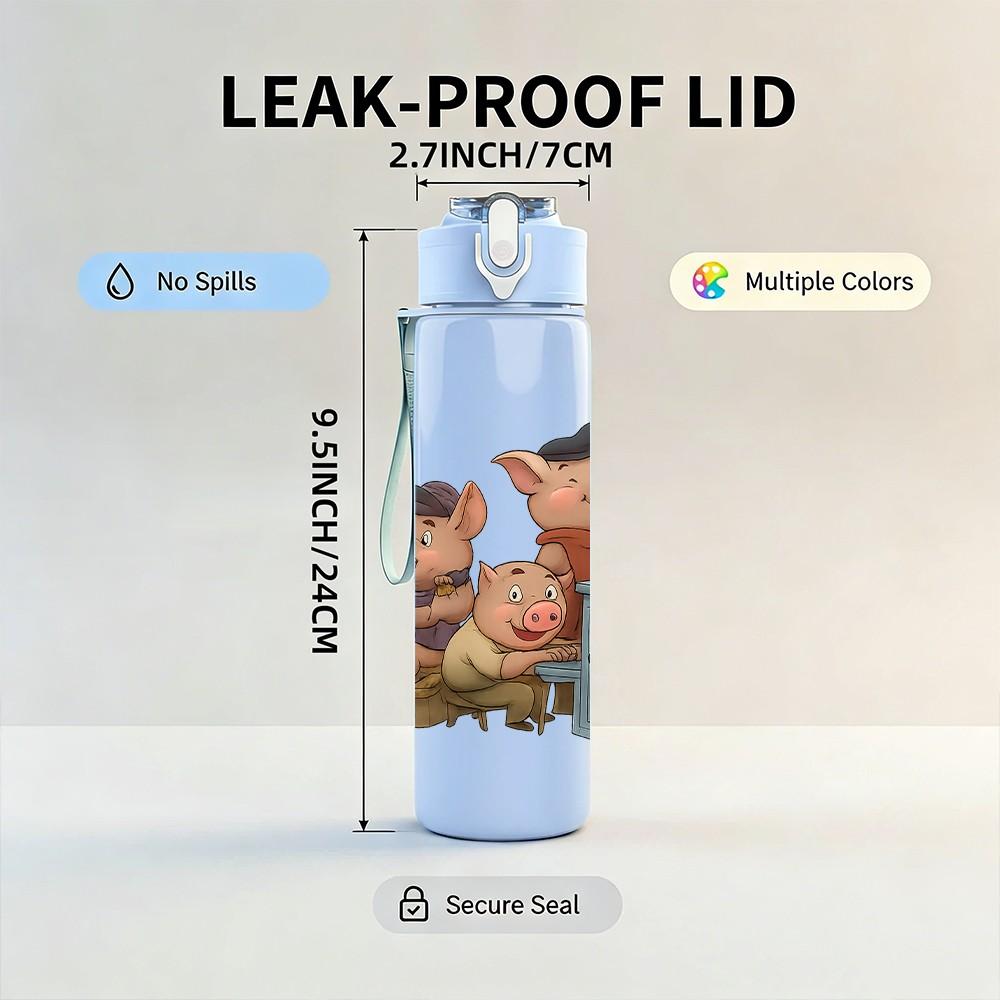 1PC Three Pigs Cartoon Scene 750ml Color Plastic Sports Water Bottle Leakproof Flip Straw Lid Suitable for Sports Office Home Use