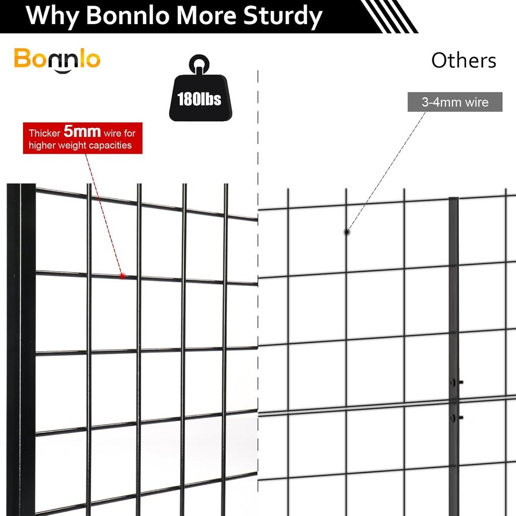 Bonnlo 6' x 2' Tel Izgara Panel Kule, T-Tabanlı Ayaklı, Daha Kalın 5mm Tel, 180 LBS Ağırlık Kapasiteli Izgara Duvar Teşhir Rafı, 4", 6" Kancalı