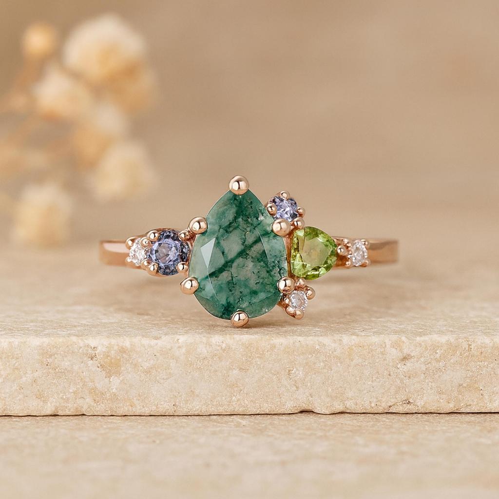 Pear Moss Agate Ring with Peridot, Amethyst & Cubic Zirconia – Nature Inspired Gemstone Jewelry Gift - Rose gold plated 925 Sterling Silver Ring