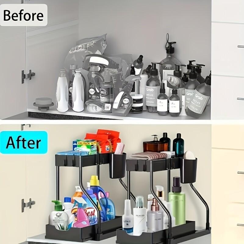 2-Tier L-Shaped Under Sink Organizers (2 Sets), Ideal for Bathroom & Kitchen! With Sliding Drawer & Pull Out Shelves to Maximize