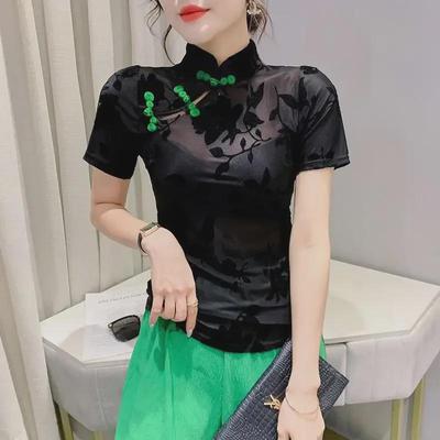 Blouse d'été rétro chinoise à boutons brandebourg en maille 2022