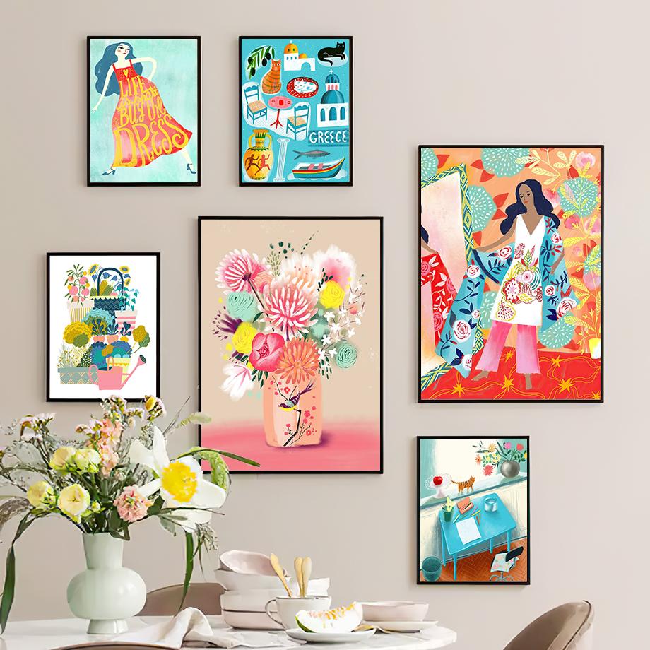 Boho Colorful Girl Vase Flowers Illustration Wall Art Canvas Painting Abstract Posters and Prints Pictures For Living Room Decor