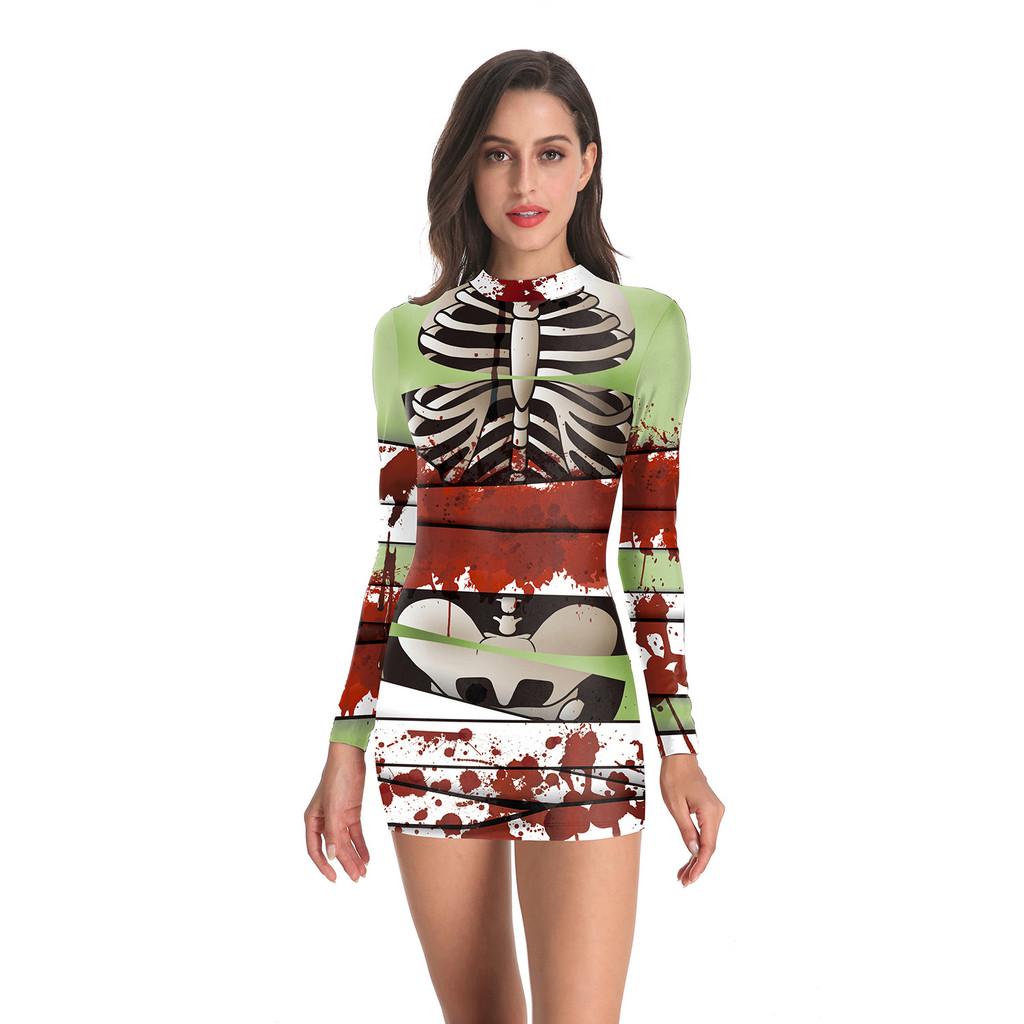 Halloween Nurse Costume Dress With Printed Pattern For Cosplay Parties
