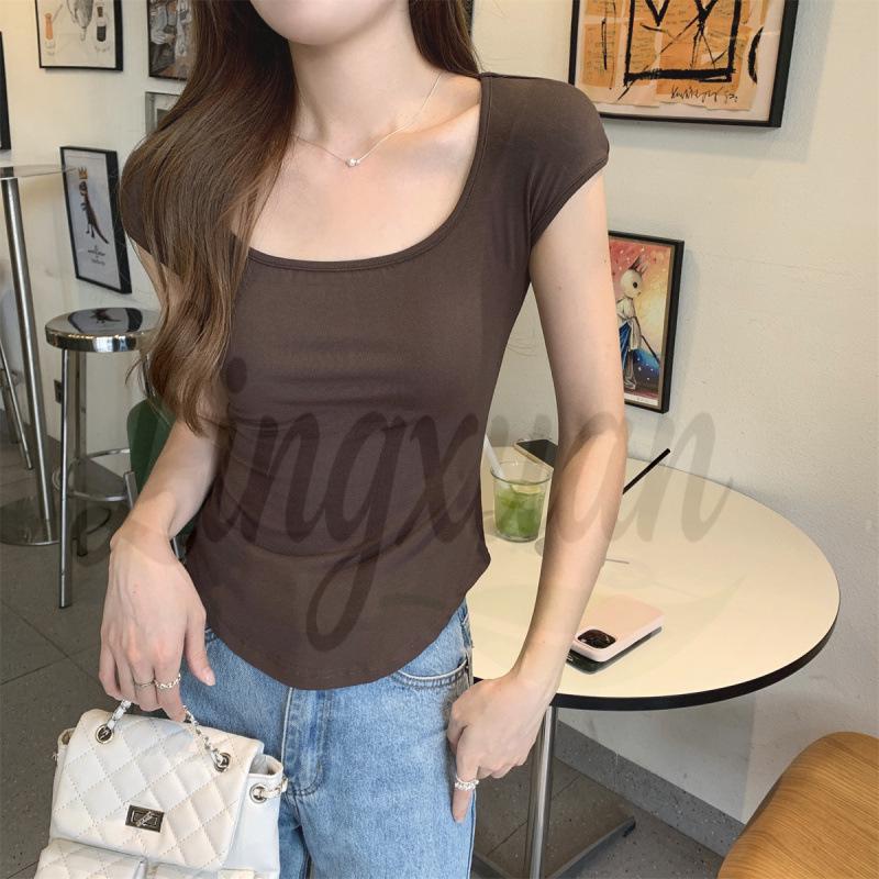 

Summer Korean Style Slim Fit Square Neck Modal Short-Sleeve T-Shirt - Solid Color and Versatile. S кавовий