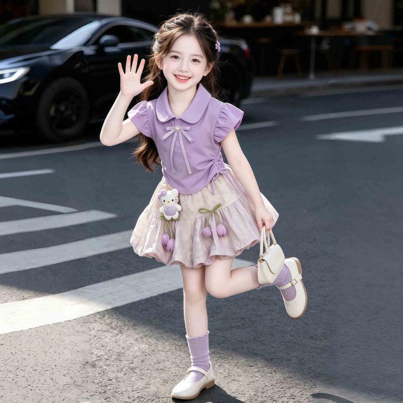 Girls Summer Sweet Peter Pan Cap Sleeve Top And Bud Pants Stylish Two Piece Set