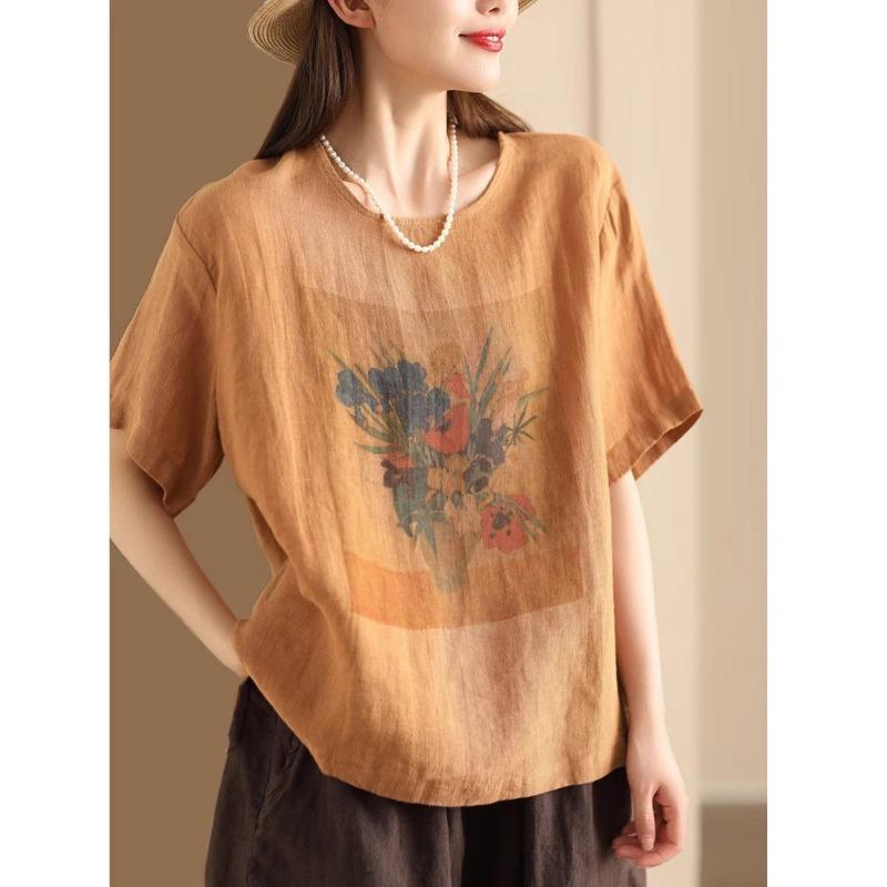 Women Summer Round Neck Short Sleeve Floral Vase Print Linen Cotton Casual Blouse