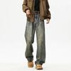 American retro washed ripped jeans men's trendy high street cat beard loose straight casual wide-leg trousers