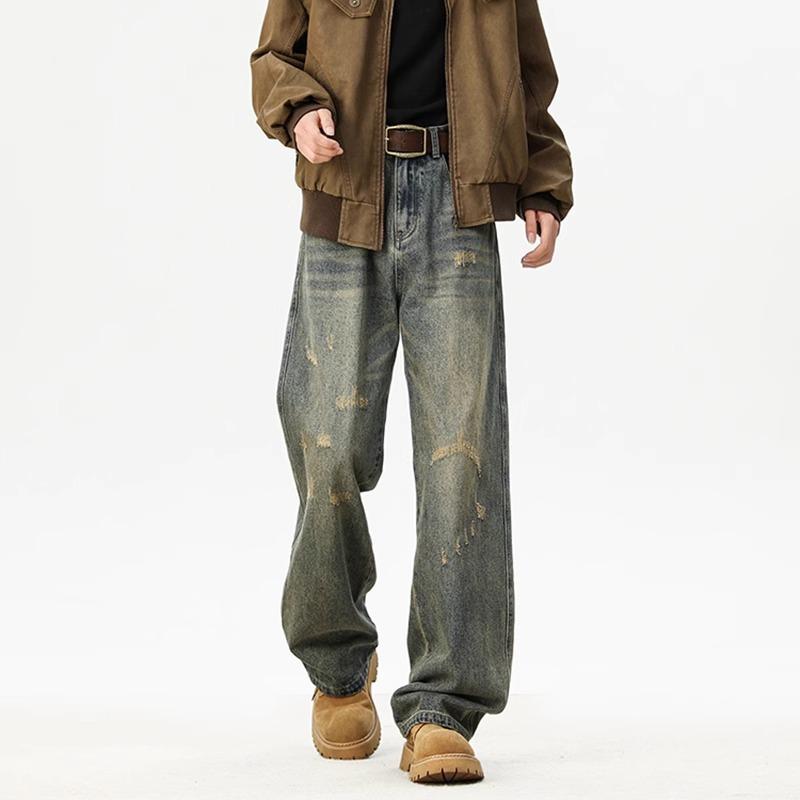 American retro washed ripped jeans men's trendy high street cat beard loose straight casual wide-leg trousers