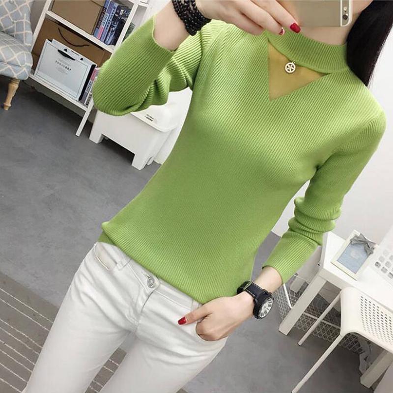 New Women's Turtleneck Pullover Slim Knit Jumper Winter Hollow Gauze  Yellow Sweater Tops