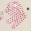 Boys and Girls Fall Loungewear Set, Heart Print Long Sleeve Lapel Button Shirt + Elastic Waist Loose Long Pants Pajama Set
