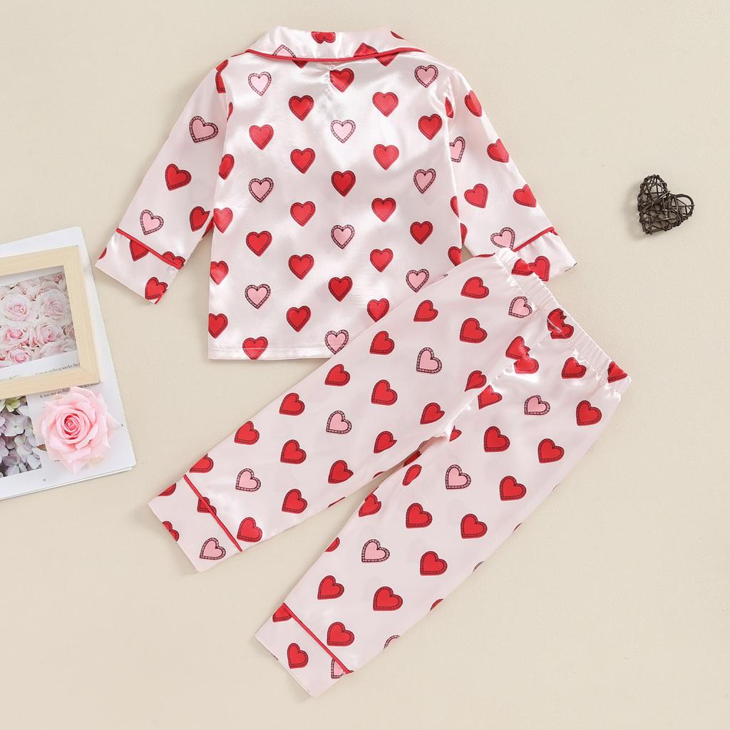 Boys and Girls Fall Loungewear Set, Heart Print Long Sleeve Lapel Button Shirt + Elastic Waist Loose Long Pants Pajama Set
