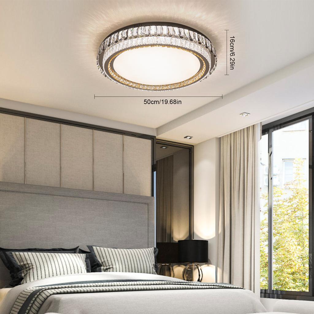 9.68in Modern Round LED Crystal Ceiling Light Fixture, 36W 3-Color Dimmable Flush Mount Chandelier for Bedroom, Kitchen Lighting