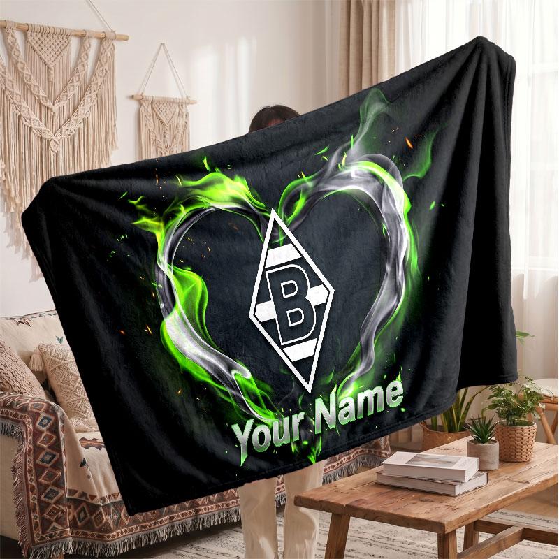 Borussia Mönchengladbach Personalized Fleece Blanket With Football Logo, Custom Name Text Soft Warm Home Throw Blanket