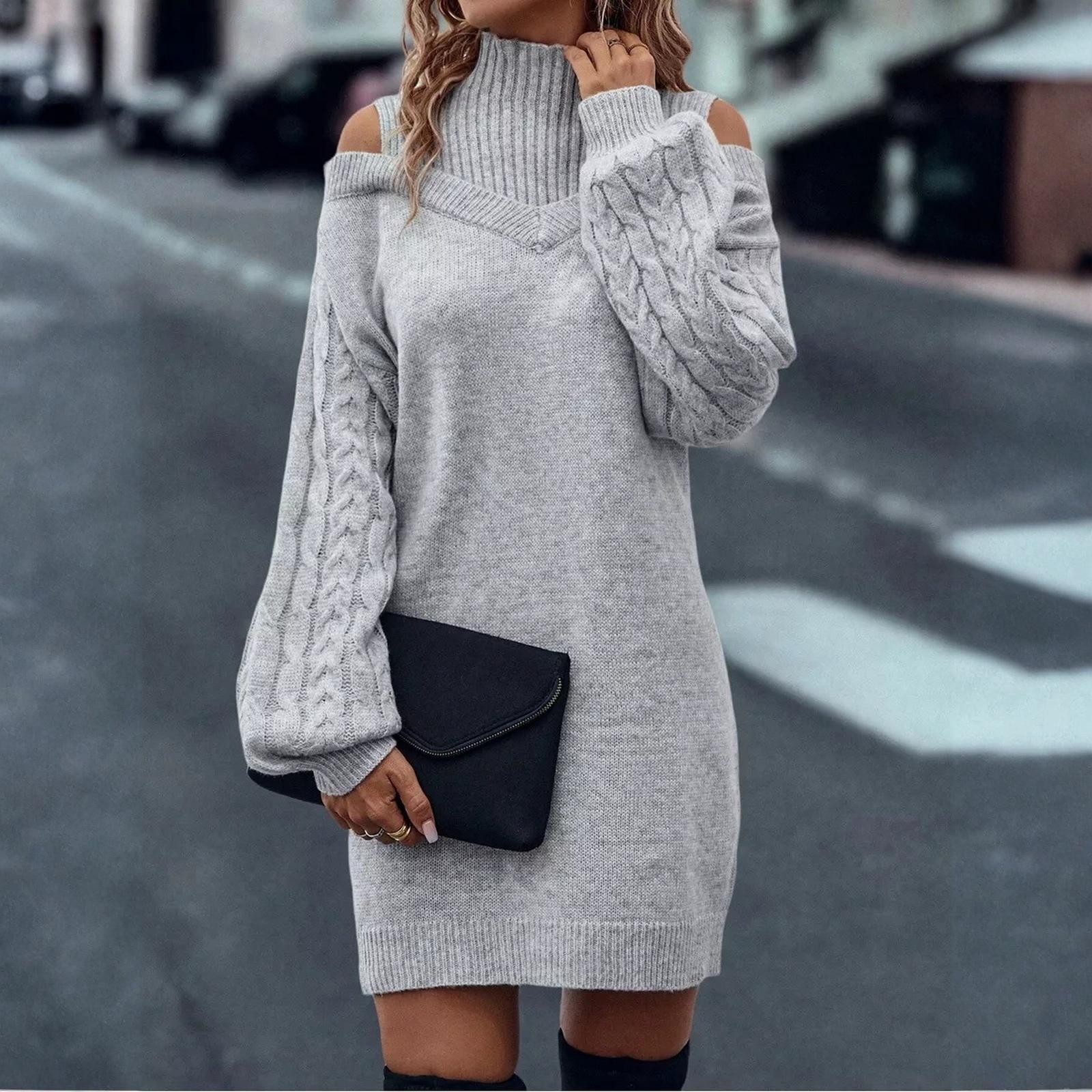 

Жіноча мода Зимова однотонна сукня з довгим рукавом, напіввисоким коміром та відкритими плечима, з довгим рукавом, в язана L