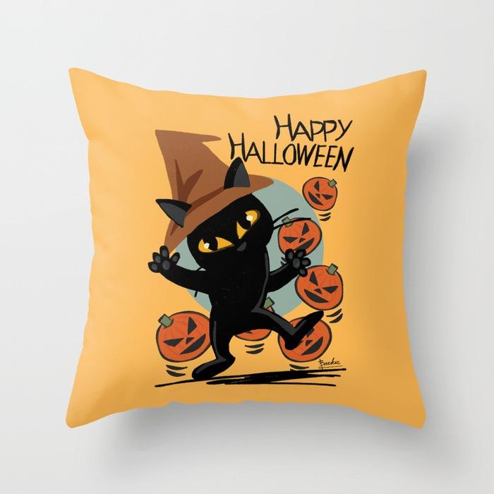 Halloween Cat Pumpkin Peach Velvet Fabric Pillowcase Funny Cartoon Image Decorative Cushion Pillowcase