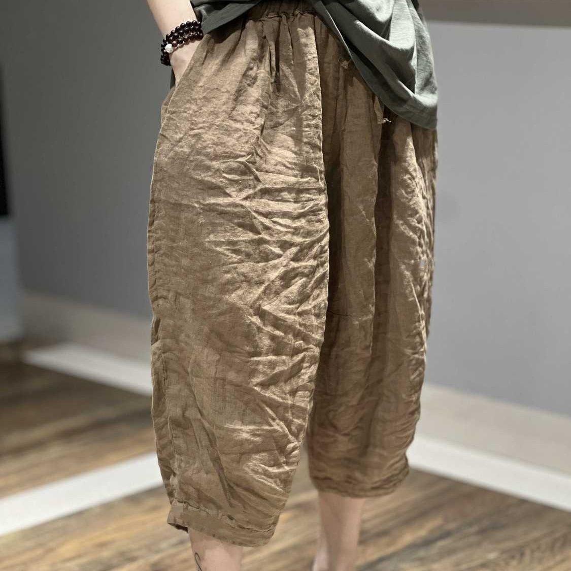 

Летние однотонные хлопковые льняные эластичные укороченные брюки, свободные повседневные брюки в стиле ретро, шаровары для женщин 2XL хаки