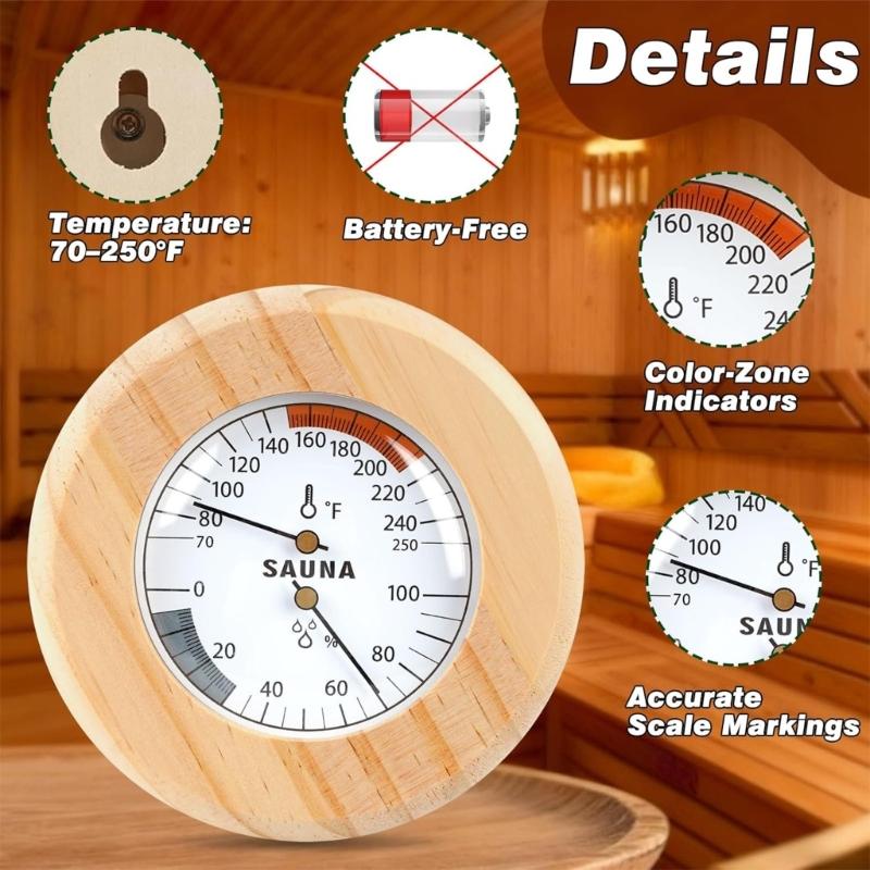 Wooden Bathroom Thermometers Hygrometer With Color Reference Zone Glass Cover For Sauna Room Temperature Humidity Display