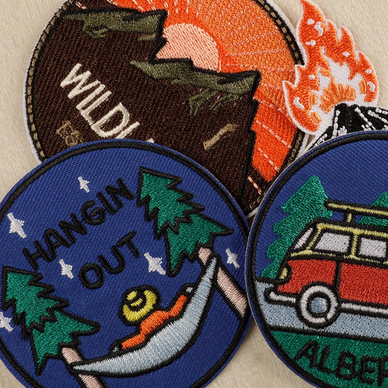 Round Badge Camping Series Iron-On Embroidered Patch for Clothing Accessories