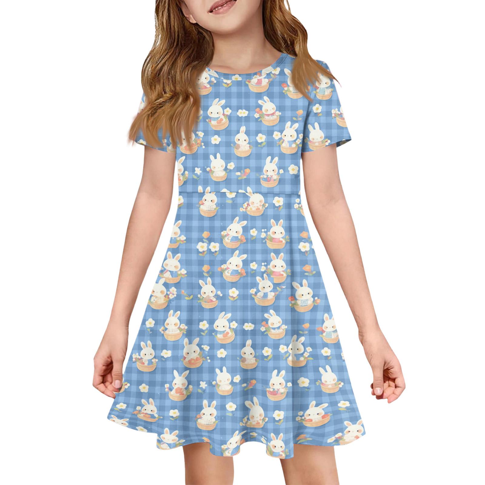 

Девочка Летнее Платье Цвет & Принт Короткий Рукав Платье С Карманом Повседневное Платье Короткий Рукав Вечернее Платье Пасхальный День 120 синий