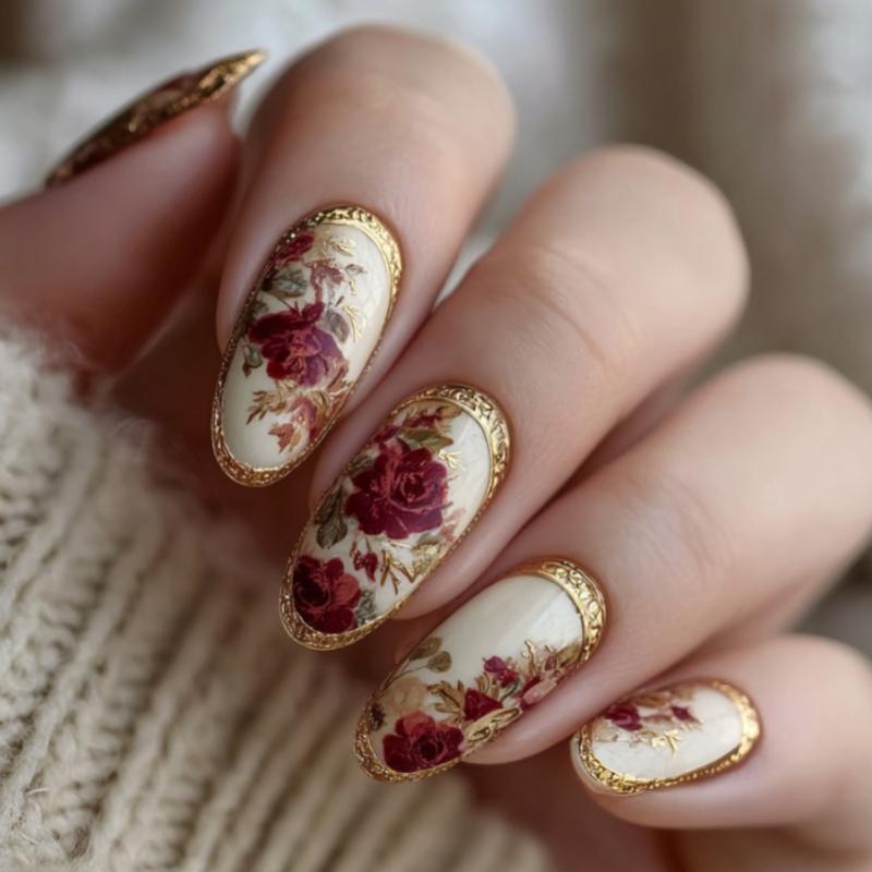 24Pcs Almond Press On Nails Gold Rose Floral Oil Paint Design Elegant Fake Nails For Women Gift