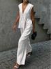 2025 Women's European-American Solid Color V-Neck Sleeveless Top & Long Pants Two-Piece Set - Stylish & Comfy