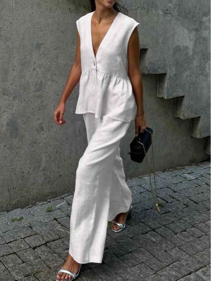 2025 Women's European-American Solid Color V-Neck Sleeveless Top & Long Pants Two-Piece Set - Stylish & Comfy