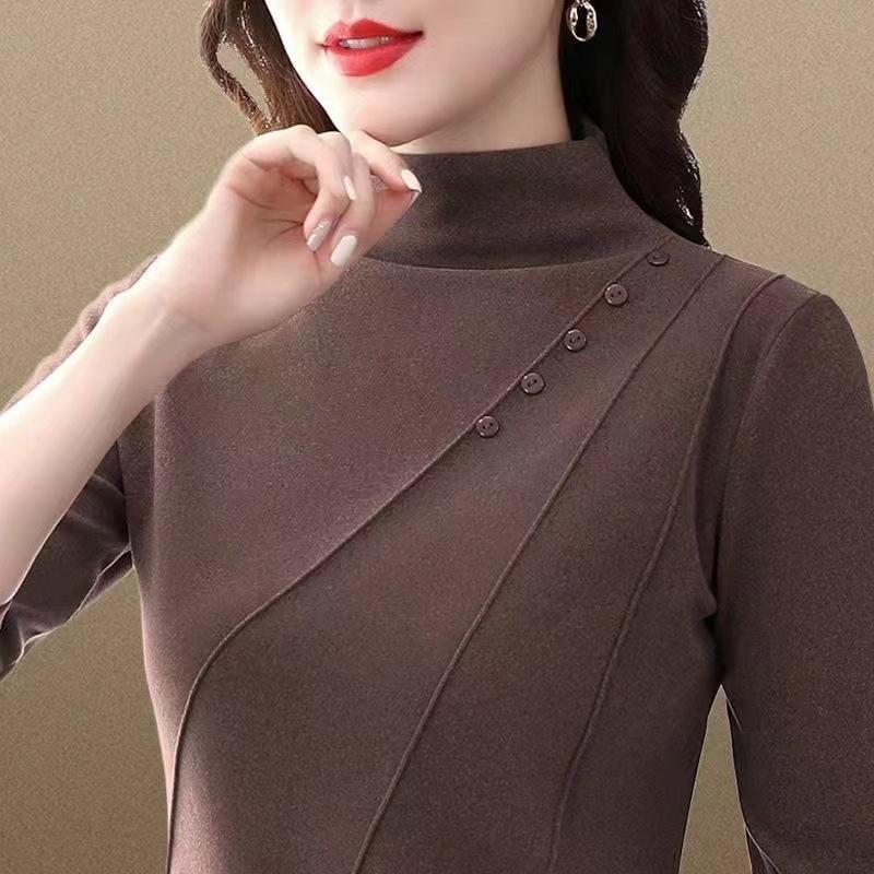 Tricou de damă cu gât semi-înalt, pentru mamă, din catifea germană dublă față, îngroșat, de bază, toamnă și iarnă, cu mâneci lungi, top la modă