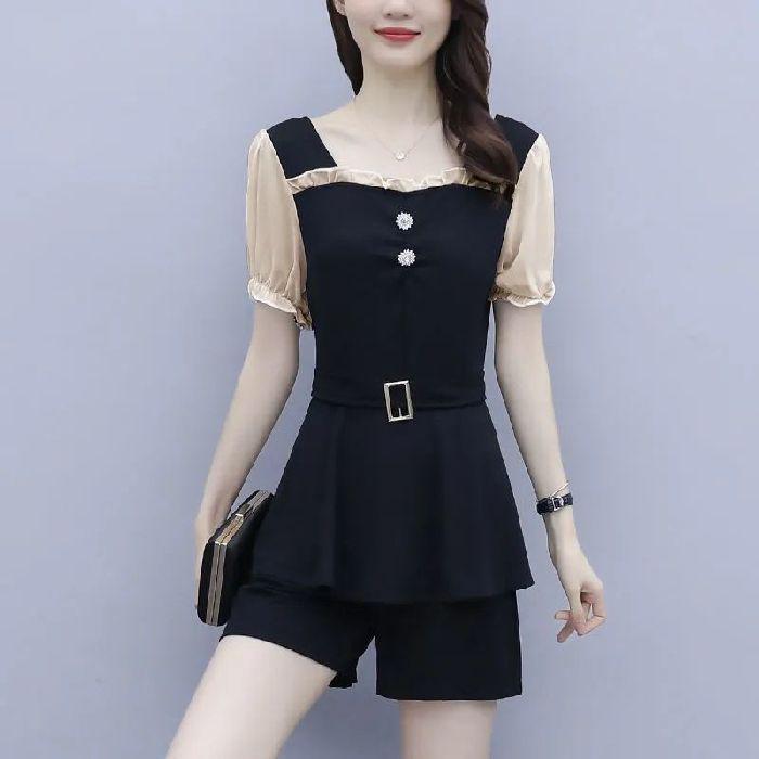 

Лето 2025 Корейский стиль Большой размер Женский сетчатый лоскутный комплект из двух предметов – Молодящий и стройнящий L