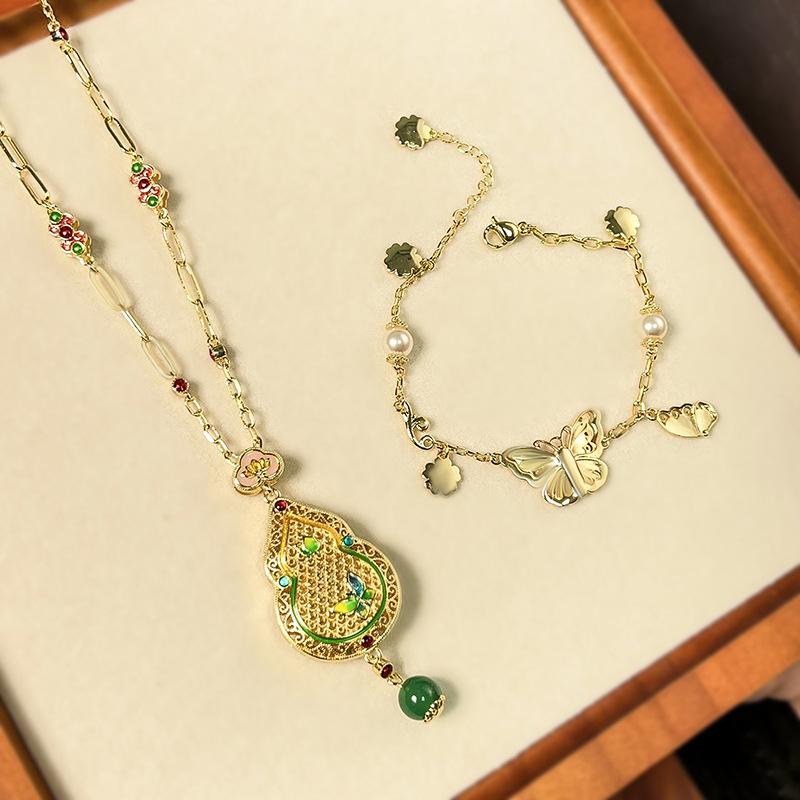New Set Of Jewelry Necklace Water Droplet Bracelet Butterfly Shaped Enamel Craftsmanship Retro Chinese Style Fashionable Women's