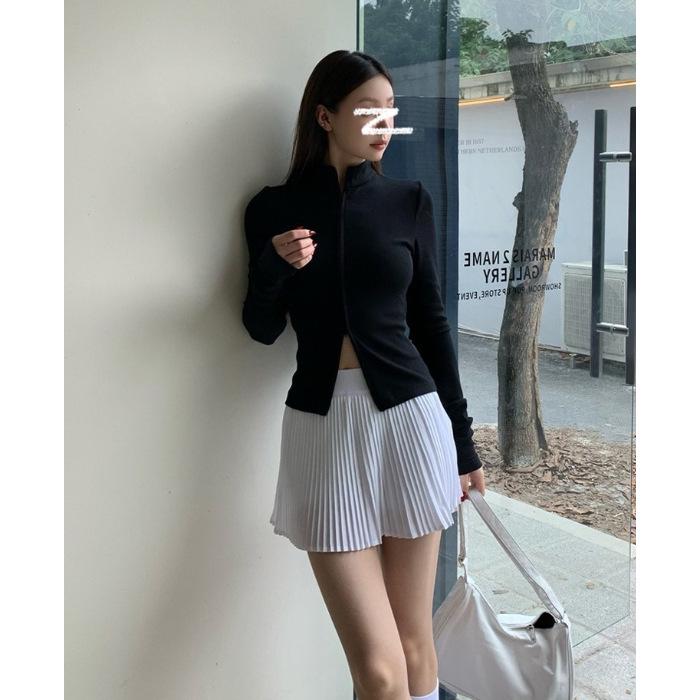 

Women s Retro Slim Fit Ribbed Cardigan Jacket with Double Zipper and Stand Collar Small чёрный