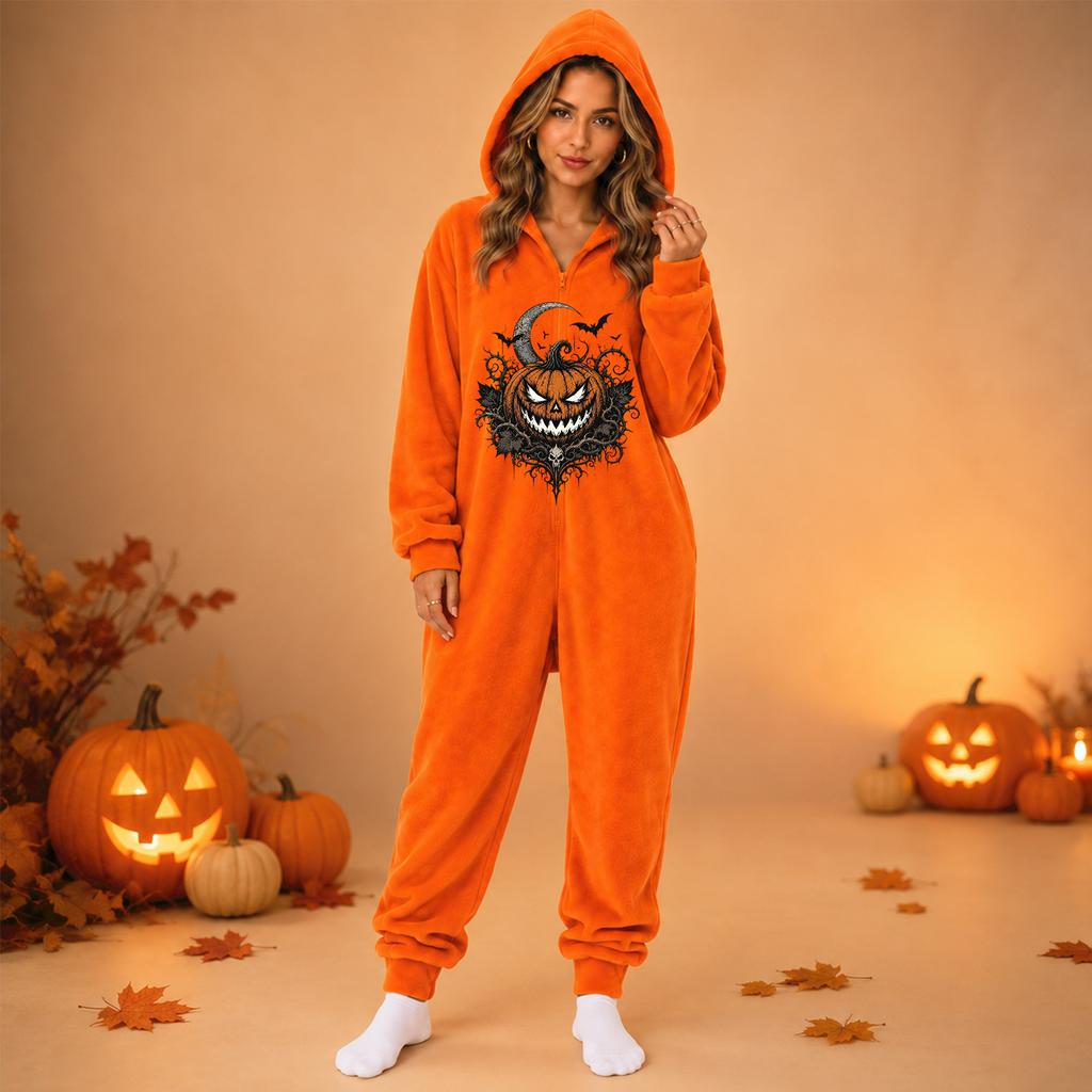 Damen Halloween Print Flanell Strampler für Loungewear und