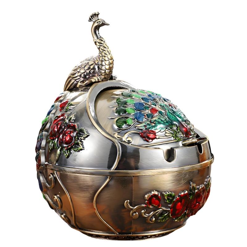 Home Office Ashtray with Covered Opening and Metal Body, Enclosed Bowl Design for Desk Balcony and Patio Use Daily