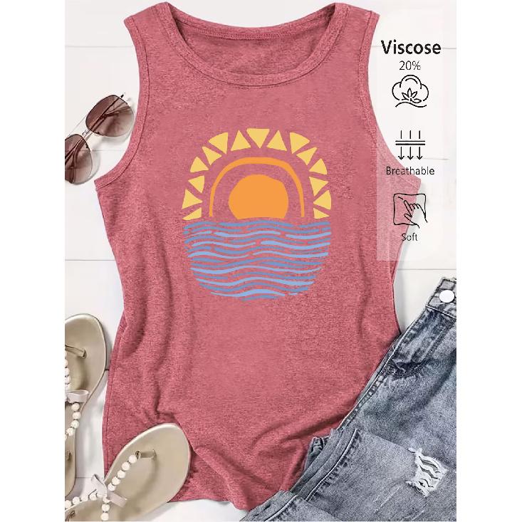 Elegant Vest for Women Geometric Sun Print Casual Loose Summer Vest Fashionable and Elegant Tops for Commuting, Vacation, and Everyday Wear In a