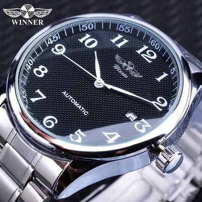 Vinnare Ny topp herrklocka Enkelt mode för män Automatiskt mekaniskt band Kalender Silver Armband i rostfritt stål PU-rem