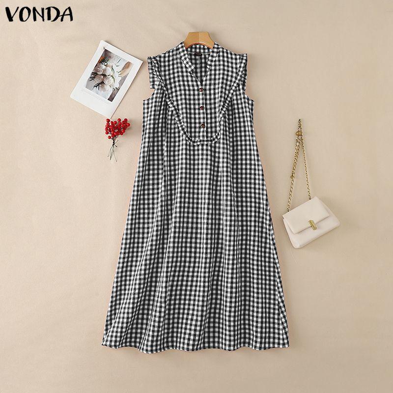 VONDA Summer Women Sleeveless Plaid Print Ruffled Casual Long Dress Sundress M