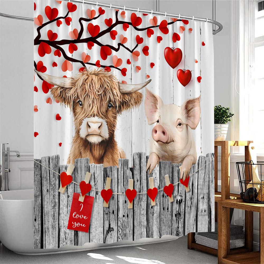 Valentine's Day Shower Curtains Cute Animals Highland Cattle Pig Flamingo Elf Heart Red Rose Bath Curtain Fabric Bathroom Decor
