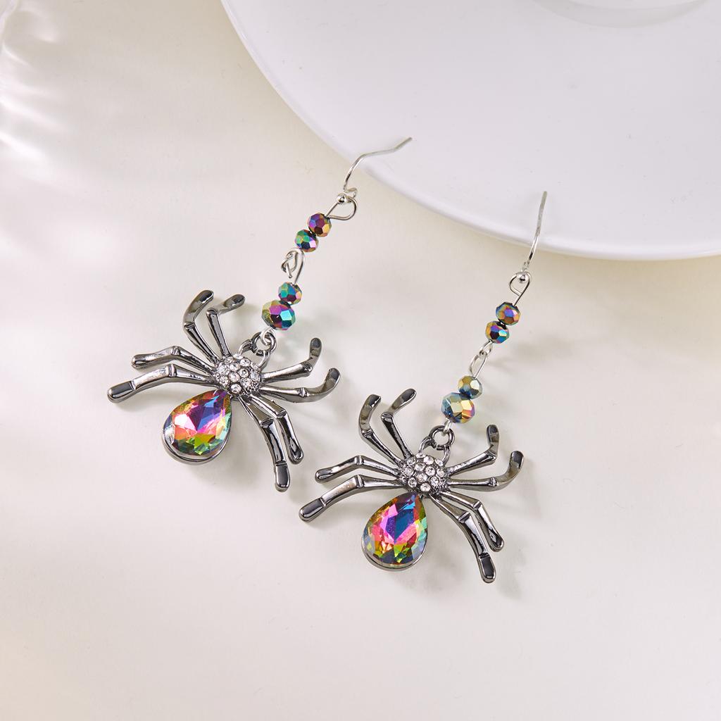 Bunte Strass-Spinnen-Hängeohrringe für Damen Leichter Luxus Glänzende Kristall-Spinnenohrringe Halloween-Party Schmuck Geschenke