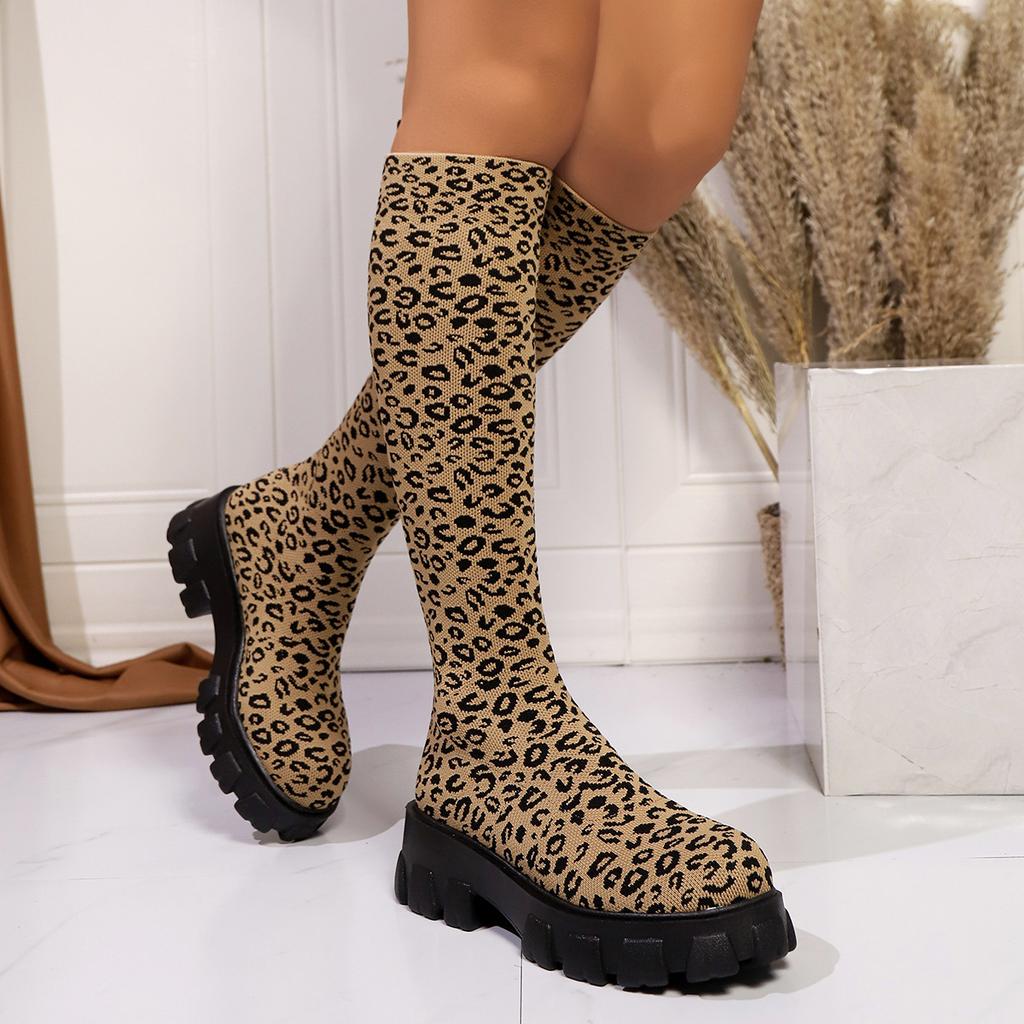 Thick heel and thin leopard print but knee boots for women's 2024 autumn European and American thick-soled muffin large-size foreign trade socks boots