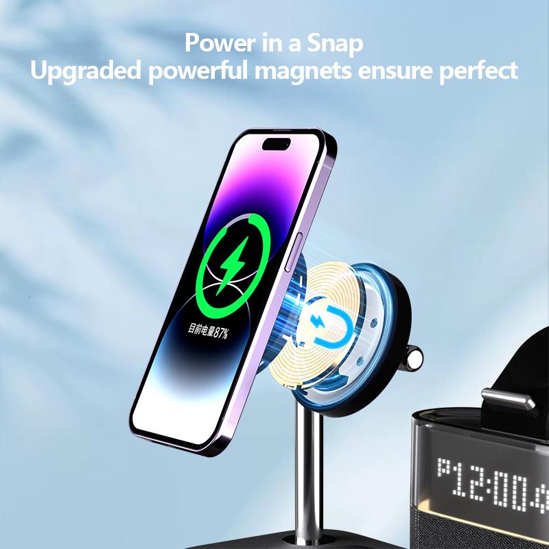 5 in 1 Wireless Charging Phone Holder Earphone Charger Multifunctional RGB Light Stong Magnetic Digital Alarm Clock