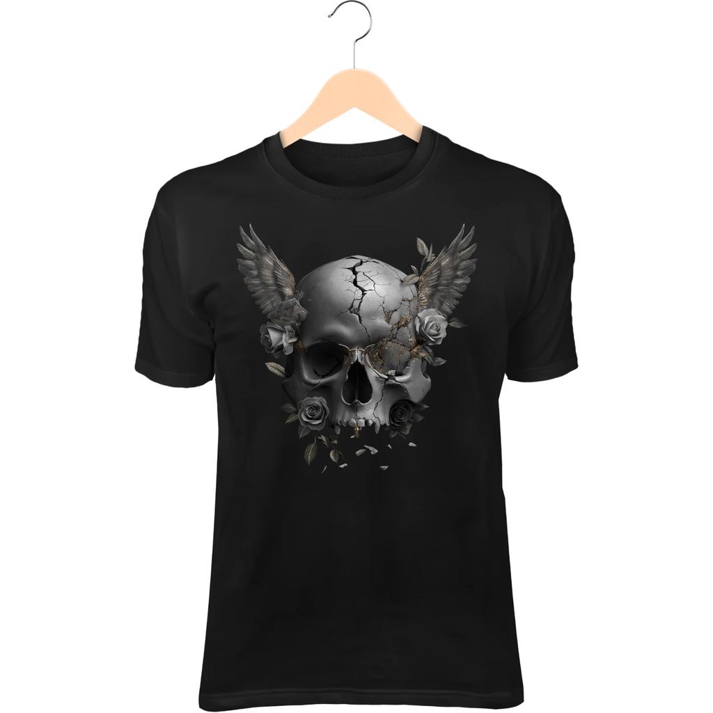 Cracked Skull T-Shirt – Angel Wings from Eye Sockets, Gothic Romantic Death