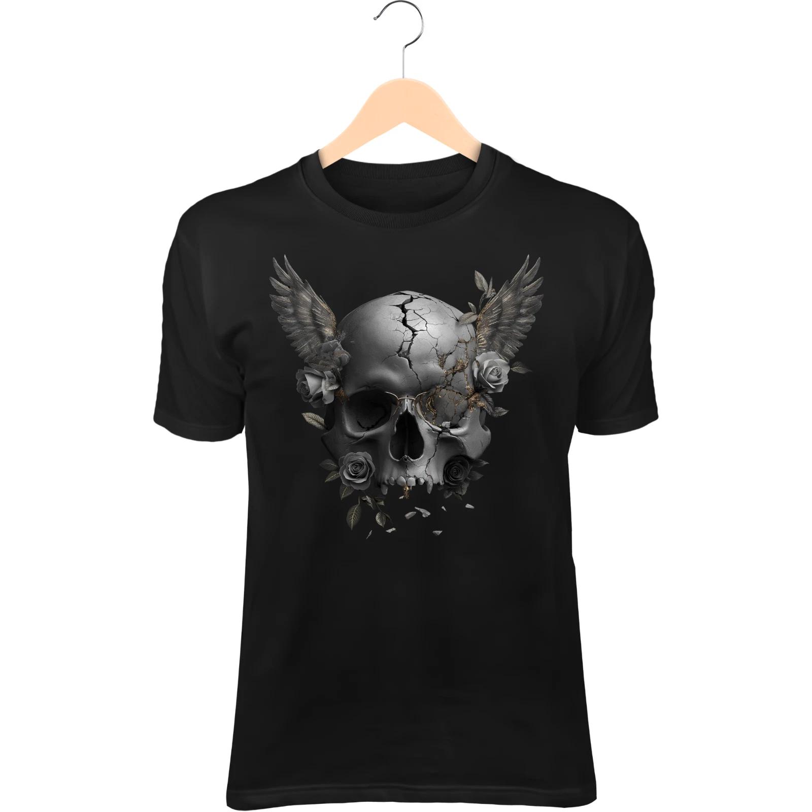 Cracked Skull T-Shirt – Angel Wings from Eye Sockets, Gothic Romantic Death M