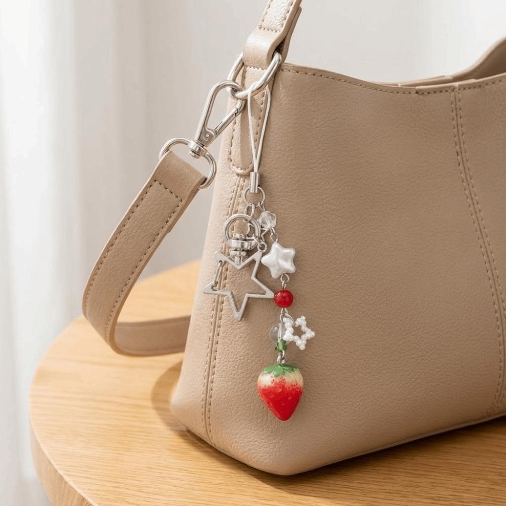 Strawberry Design Beaded Phone Chain Cute Flower Bag Charm Keychain Strap Coquettish Style