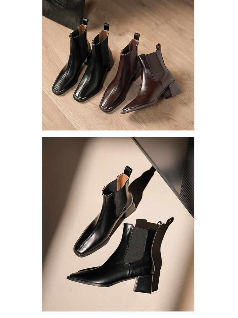 BEIJIANI Czerwono-brązowe kwadratowe noski masywny obcas botki Chelsea motocyklowe do kostki dla kobiet