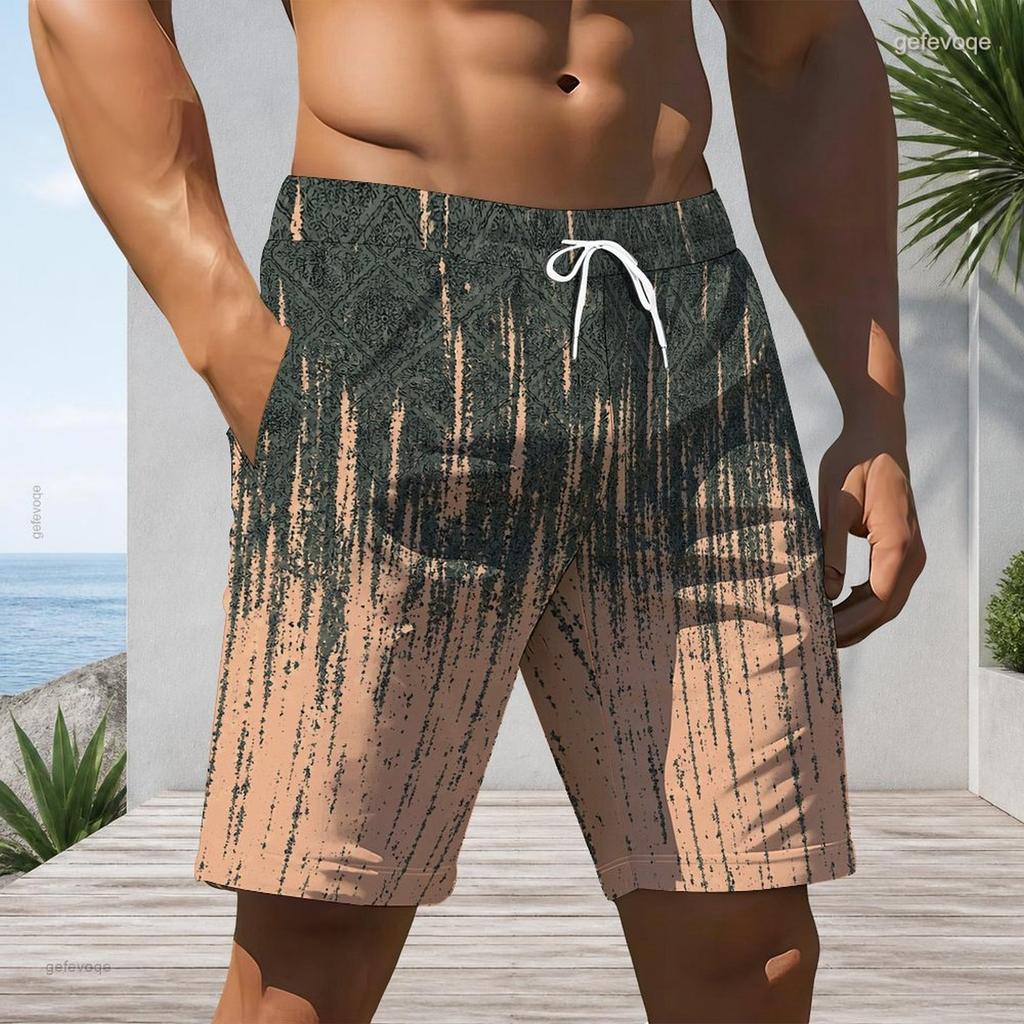 Men Plus Size Abstract Gradient Print Beach Shorts Elastic Waist Drawstring Loose Casual Shorts With Pockets For Swimming Surfing Summer Vacation