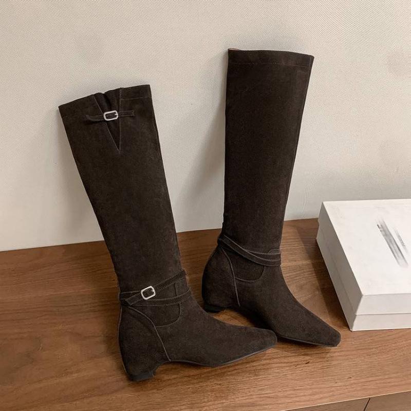 Autumn and winter leather fashion boots solid color versatile square head medium heel large size women's boots new cow fleece slope heel high boots