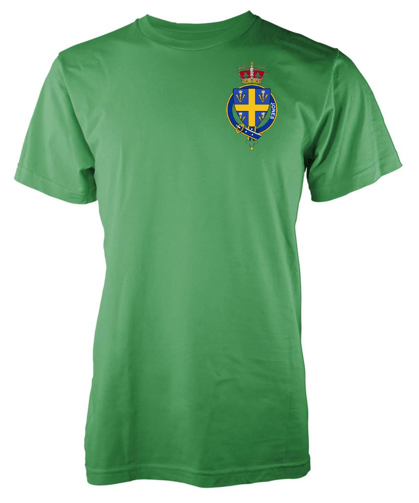 Personalised Jones Family Name T-Shirt Family Crest Badge Coat Of Arms Adult